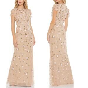 NEW Mac Duggal Floral Embellished High Neck Flutter Sleeves Dress Beige Size: 12